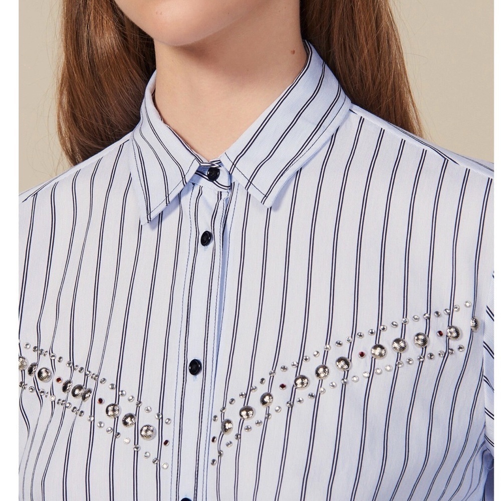 Sandro Paris Blue Striped Embellished Button Down Shirt - Picture 1 of 6